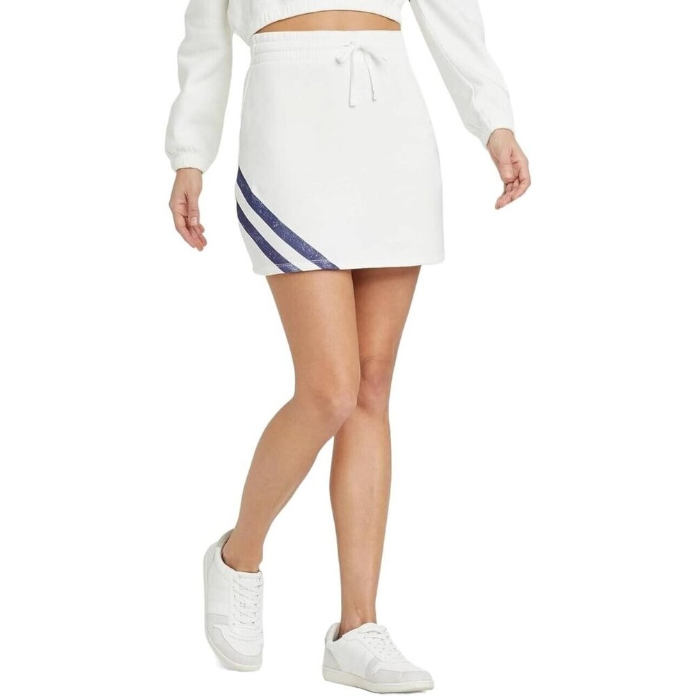 Grayson Threads White Fleece Drawstring Mini Skirt w/ Blue Stripe Trim
